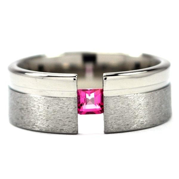 New 7 mm Titanium Tension Setting Ring with a Princess Cut Gemstone