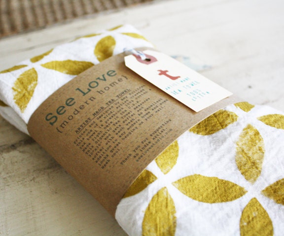 Modern Mustard Hand Printed Tea Towel Huge 30"x30"