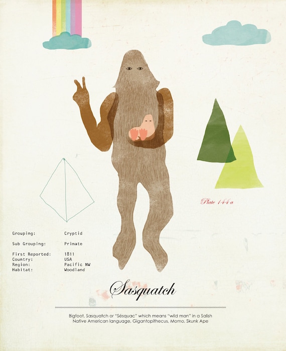 Bigfoot and Baby Kids Art Nursery Wall Decor MCM Minimalist Sasquatch Art Print