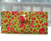 Handmade womens wallet   Handmade vegan cotton wallet green with pink floral