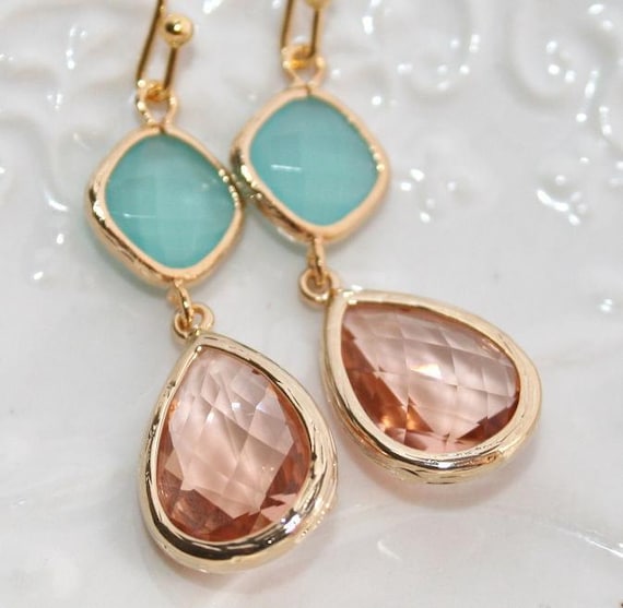 Pink Champagne and Mint Wedding Gold Earrings, Peach Mint Teardrop Earrings, Faceted Mint Peach Glass Drops bezel set earrings, Bridal, Gift