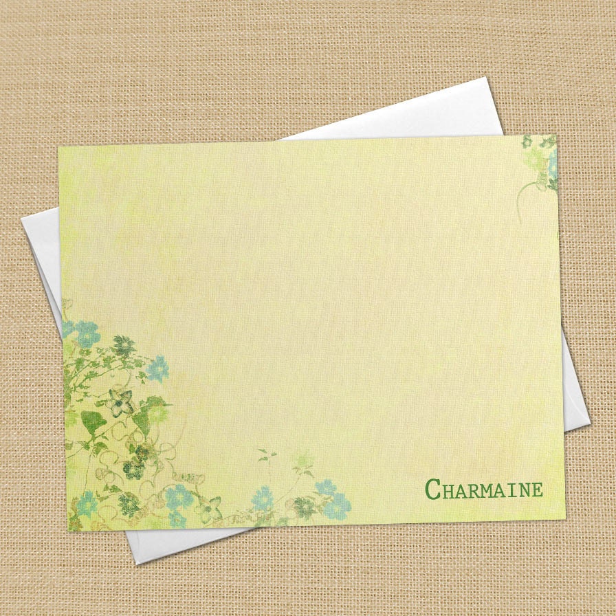 Shabby and Faded Floral - Set of 8 CUSTOM Personalized Flat Note Cards/ Stationery