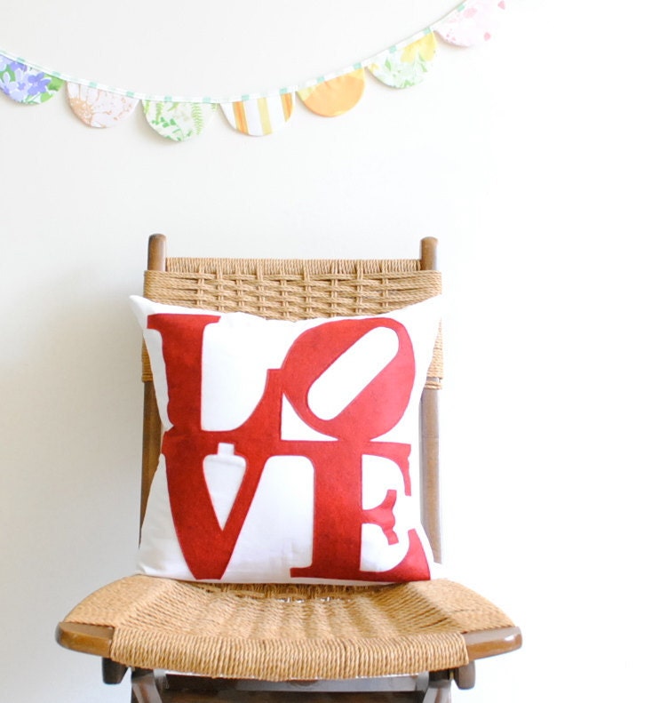 16" LOVE Pillow Cover - White Linen and Red Felt - by Pillow Factory