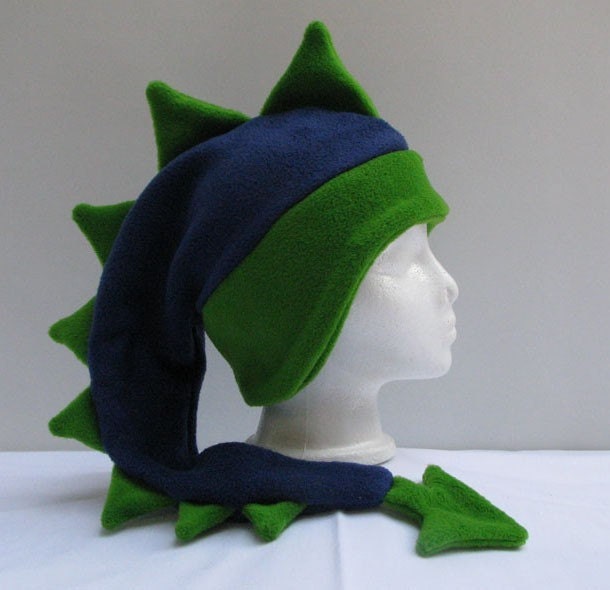 Fleece Dragon Hat - Blue / Green Dinosaur Denim / Lime by Ningen Headwear