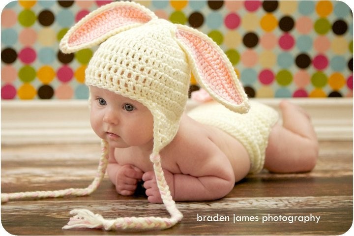Ready to SHIP within 1 day   Crocheted Baby Easter Bunny Hat and Diaper Cover set    3 to 6 months
