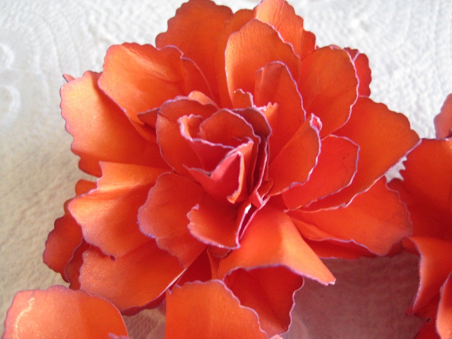 Two Tone Tangerine-Red Handmade Paper Flowers with purple accents - Set of 4