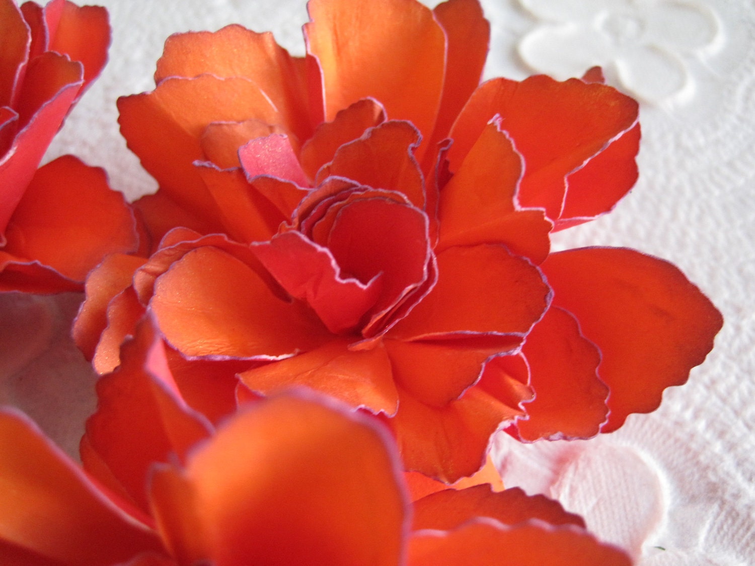 Two Tone Tangerine-Red Handmade Paper Flowers with purple accents - Set of 4