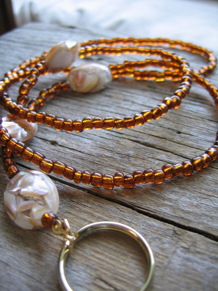 Copper Brown ID Badge Lanyard with Mother of Pearl Beads