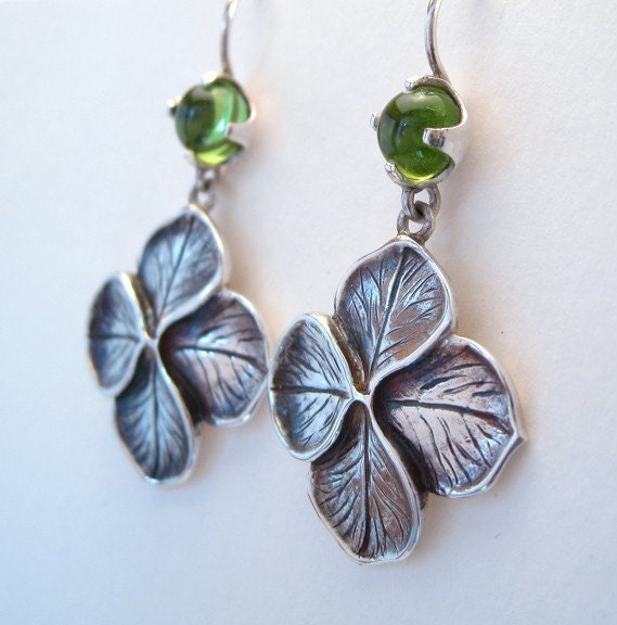 Peridot Oak Leaf Hydrangea Earrings Sterling Silver