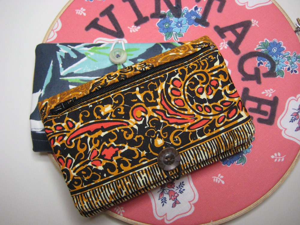 Money Wallet, Phone Wallet, iPhone Wallet, Card Purse, Clutch in the Vintage Brown and Black Tribal Batik Print