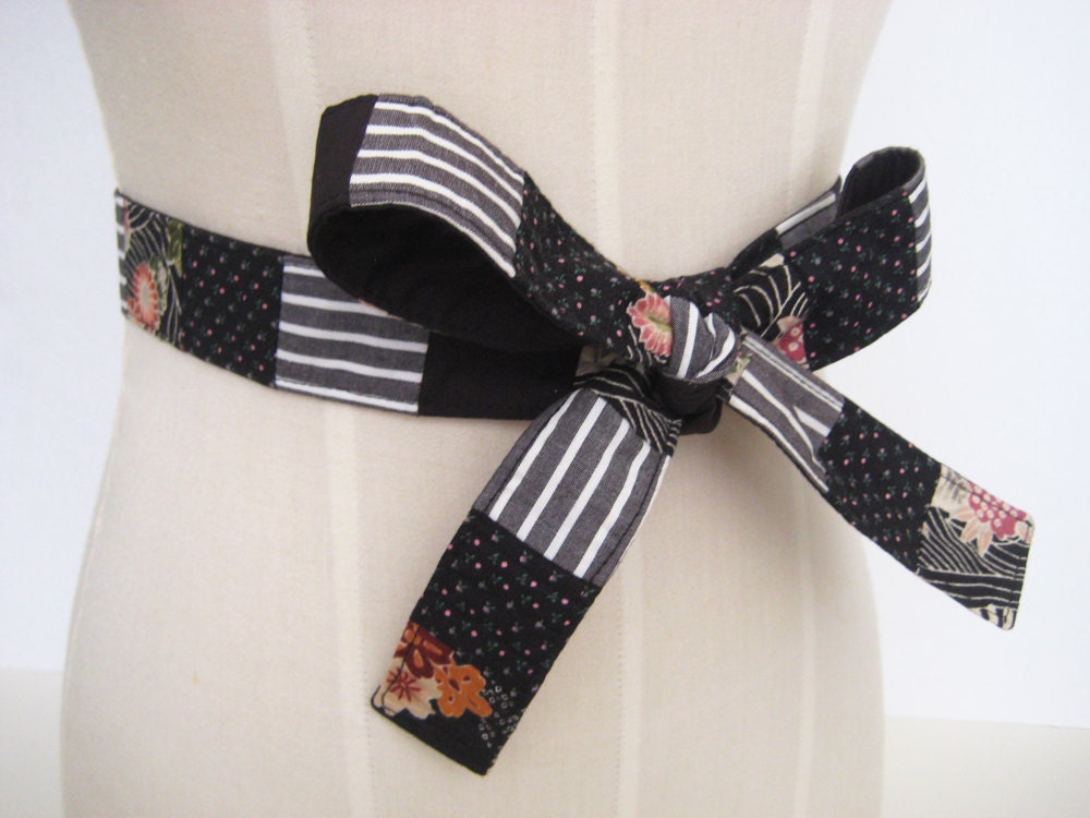 Black Fabric Belt, Patchwork Tie Belt, Repurposed and Recycled Mixed Black Fabric, One of a Kind, Size Small