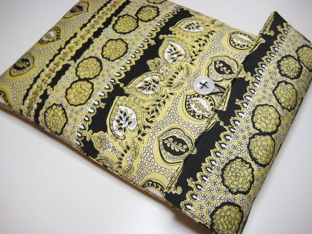 iPad Case, Tablet Sleeve, Padded iPad Travel Pouch in the Yellow and Black Flower Bed Print Fabric