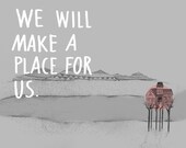 ORIGINAL ILLUSTRATION // A Place for Us (pink) - home treehouse and mountains drawing illustration art print