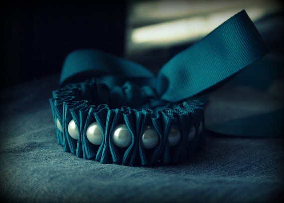 See Description for a coupon code Ribbon Bracelet -Deep Teal Millie Ruffles and Pearls Ribbon Bracelet Jewelry
