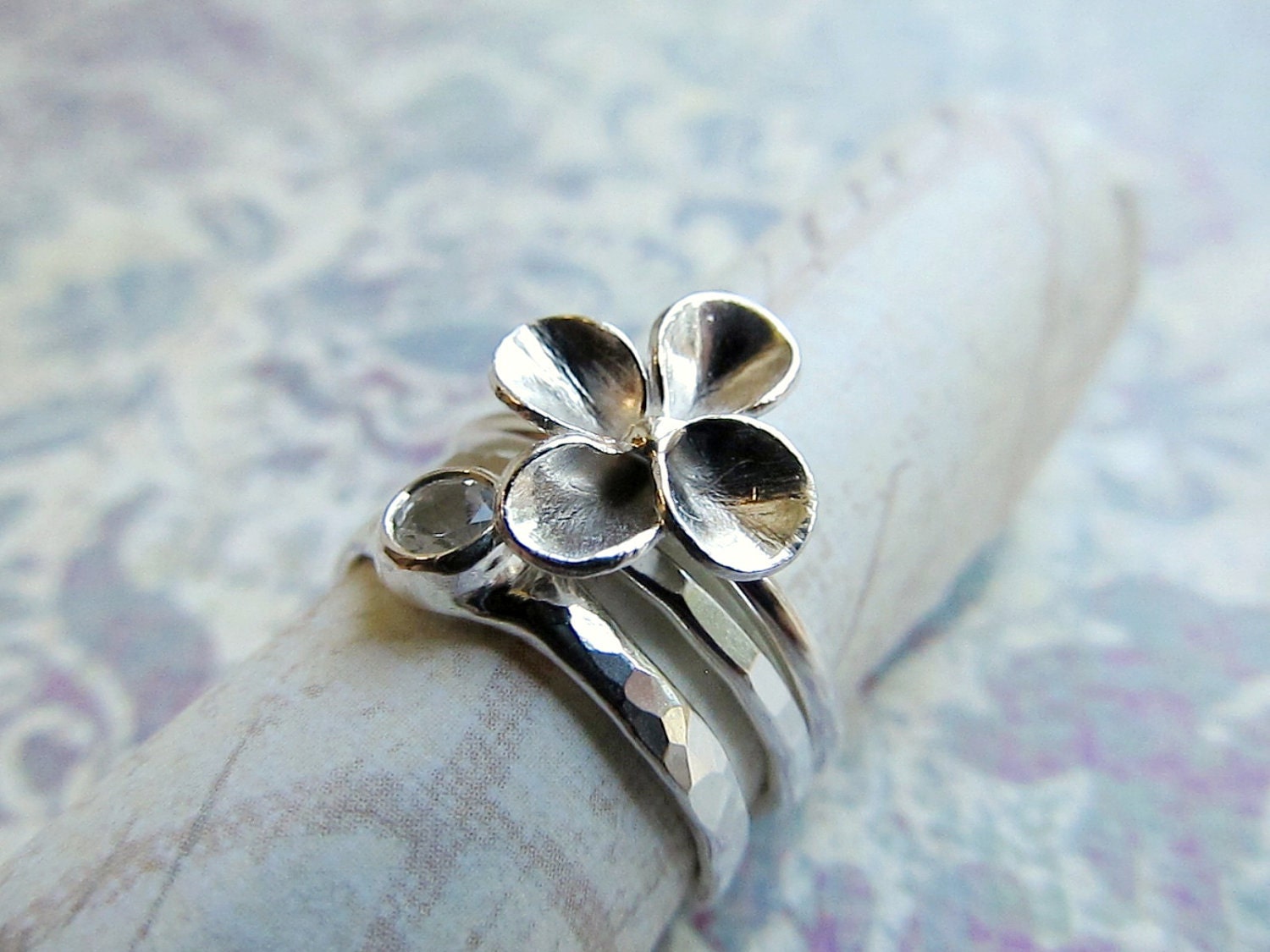 Gemtsone Ring with Sculpted Flower, Stackable Jewel Set, Sterling Silver Ring, Birthstone Wedding Band, Bridal Jewelry