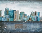 Dirty Water - 12"x8" paper print - mixed media Boston skyline painting collage, vintage paper blue grey typography urban