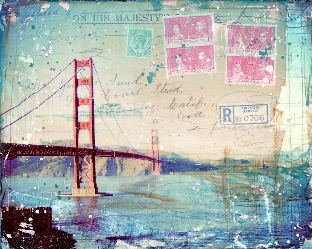 Kingston - 14" x 11" paper print of San Francisco California themed mixed media collage, golden gate bridge, west coast pacific photography