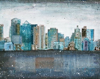 Dirty Water - 12"x8" paper print - mixed media Boston skyline painting collage, vintage paper blue grey typography urban