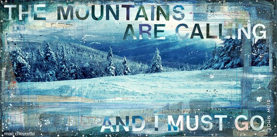 Trail View No. 1 - large paper print - inspirational winter travel word art typography poster, blue snowboarding skiing