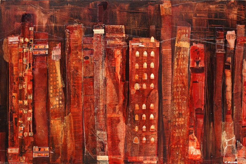 8 x 10 paper print of City Of Books, a rustic red orange brown mixed media skyline collage