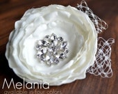 Melania Bloom Ivory Fascinator with rhinestones and tulle, hair clip, shoe pin