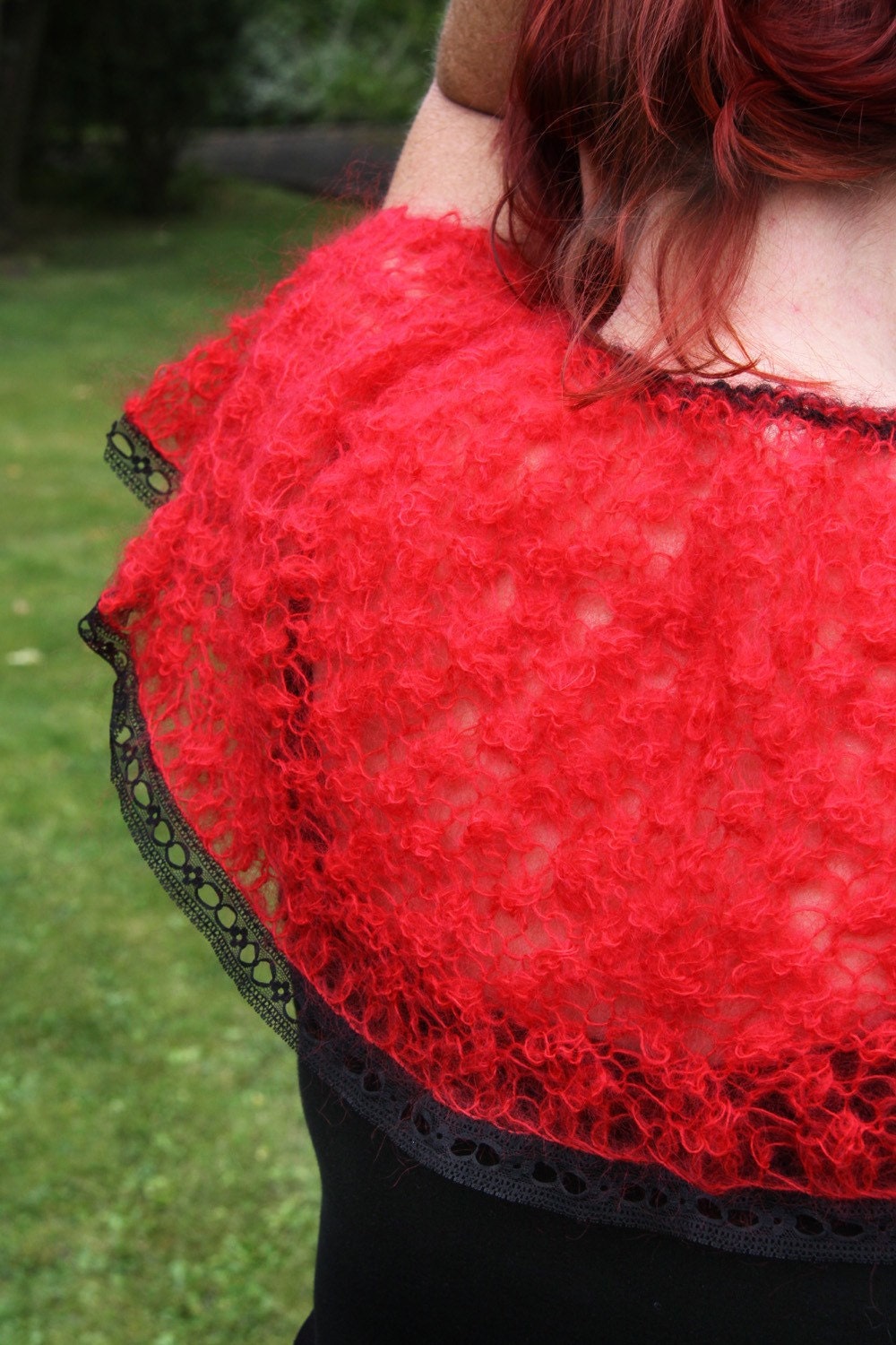 Handknitted vintage-style red and black mohair cape: 'Little Red Capelette'