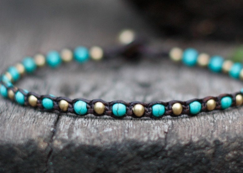 One Line Turquoise Brass Anklet
