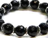 Elegant Black Facet Cut Onyx and Silver Stretch Bracelet