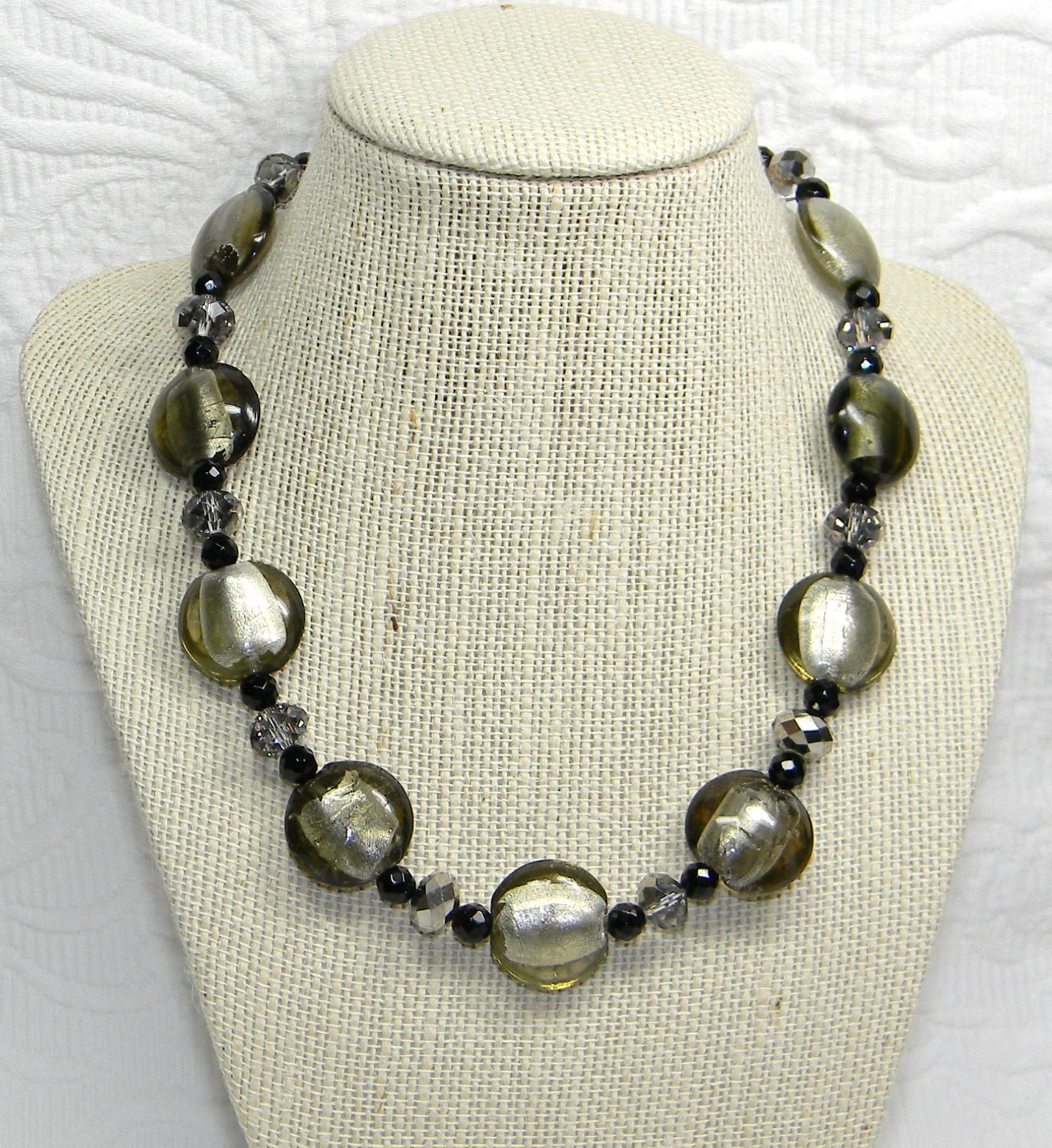 Gray Foil Lined Glass, Facet Cut Crystal, Black Onyx, Glass Seed Beads and Silver Necklace