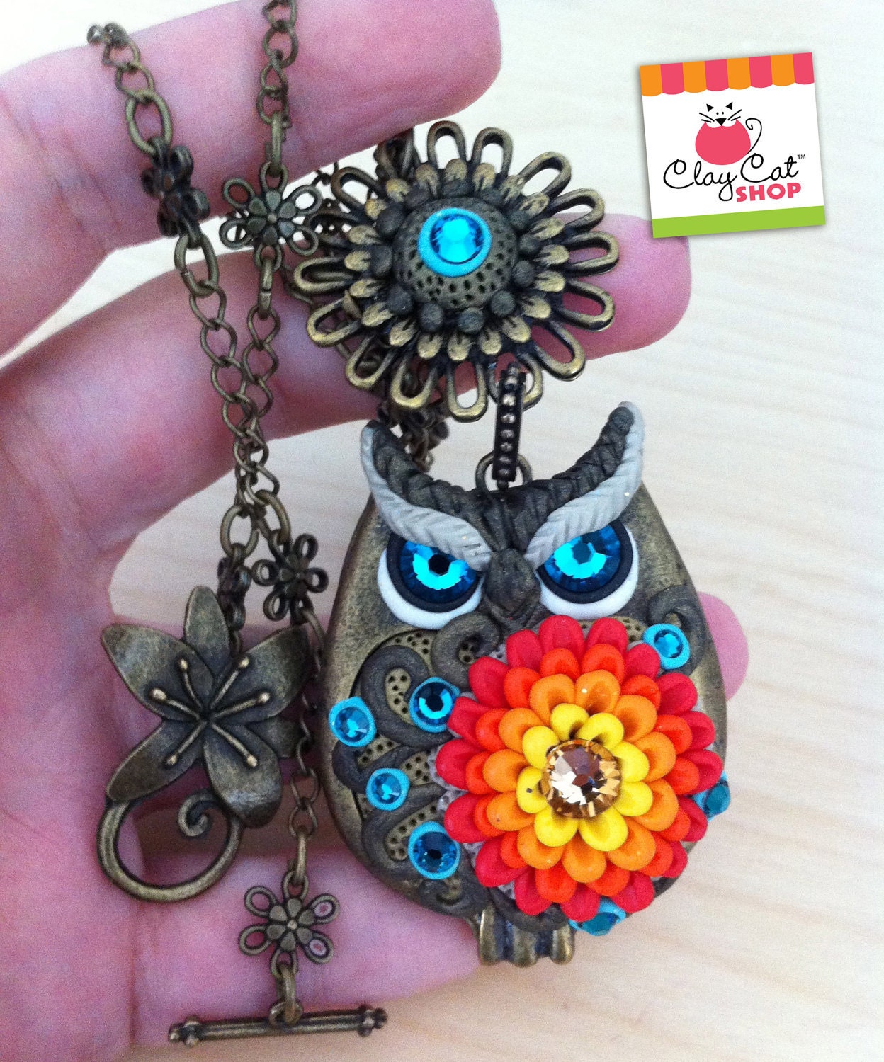Bronze Polymer Clay OWL - Original handmade necklace - Made to order