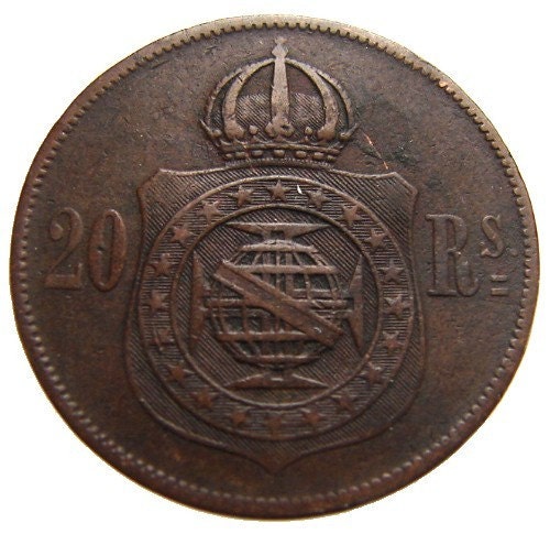 ANTIQUE Over 140 Years Old BRAZIL 1869 20 Reis Petrus II Bronze Coin