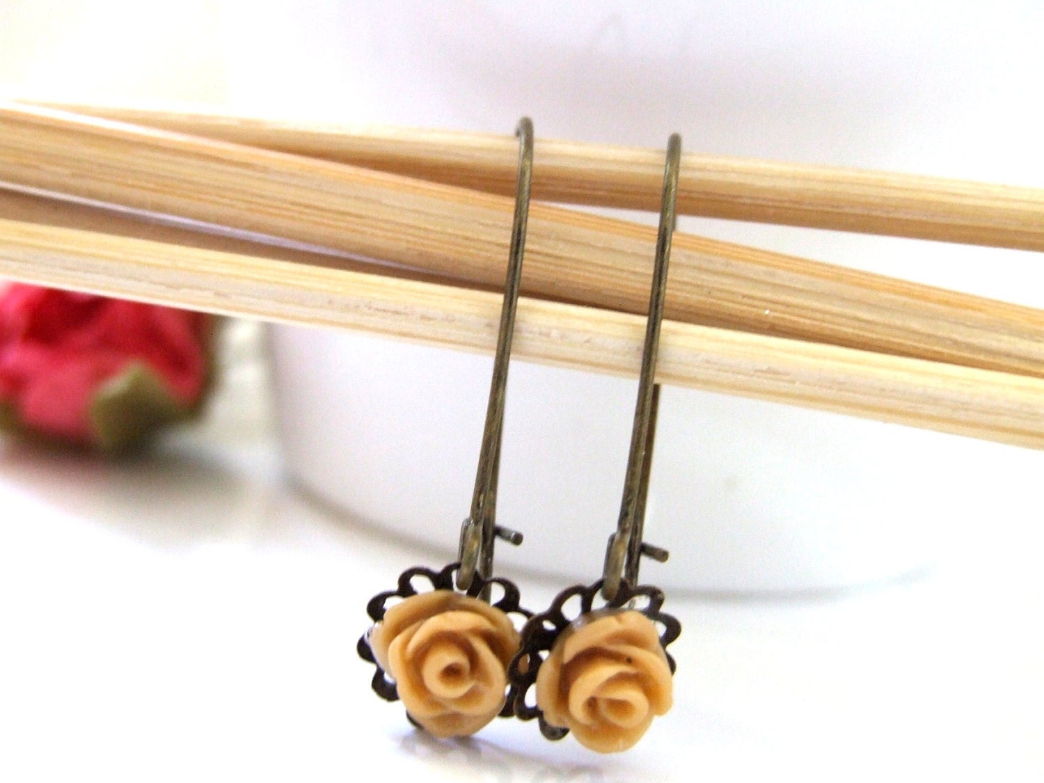 Caramel coffee resin rose antique dangle filigree nickel free earrings