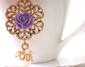 Golden romantic filigree purple rose cabochon necklace