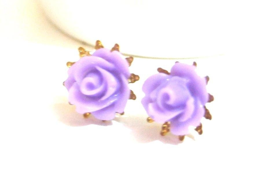 Bright purple romantic rose post earrings