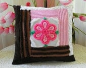 Pink And Chocolate Vintage Chenille Patchwork Log Cabin Quilt Pillow