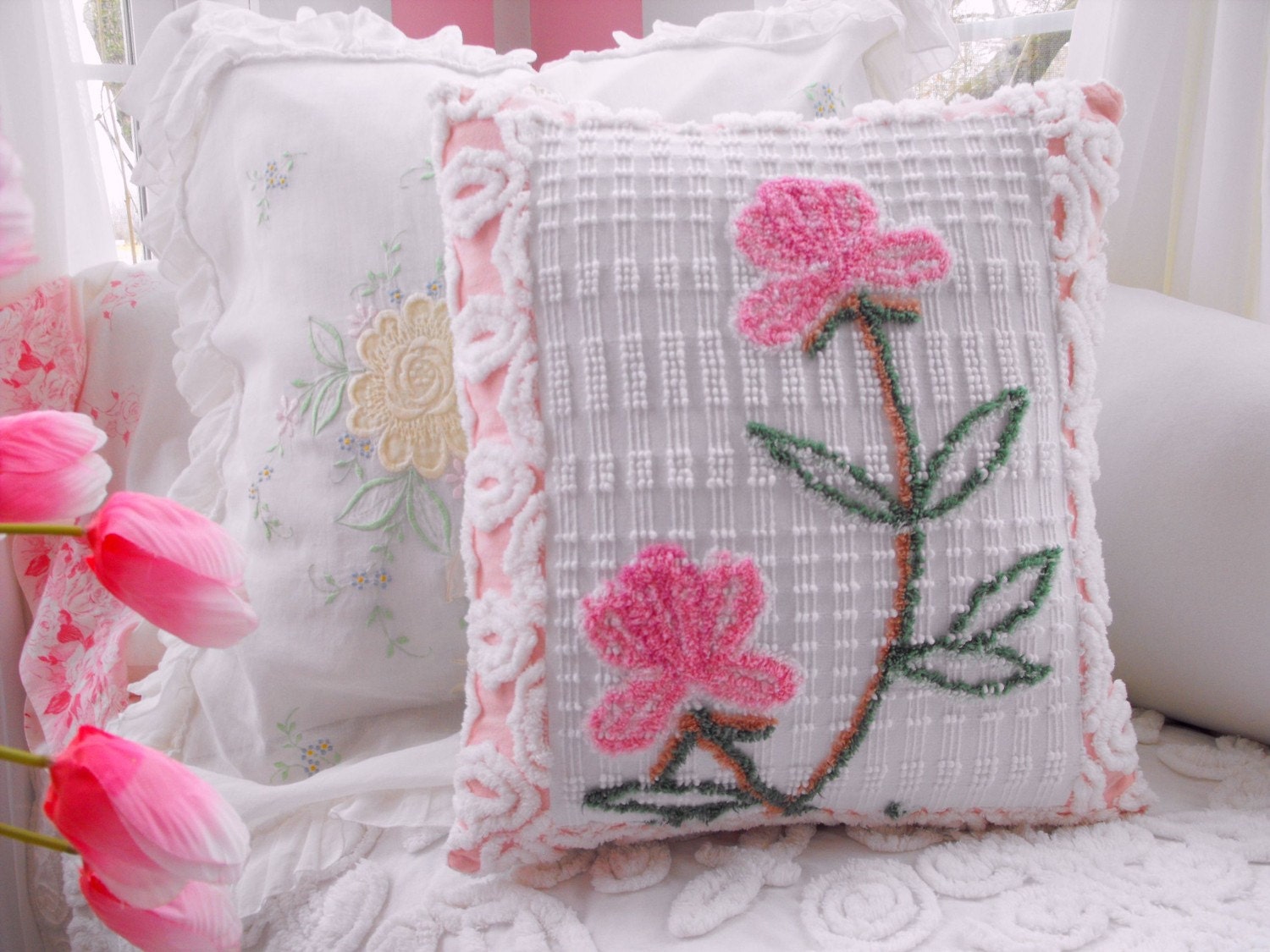FEATURED Gorgeous PINK PEONY Vintage Chenille Patchwork Pillow