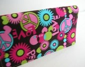 Handmade Fabric Checkbook Cover - Peace Signs On Brown