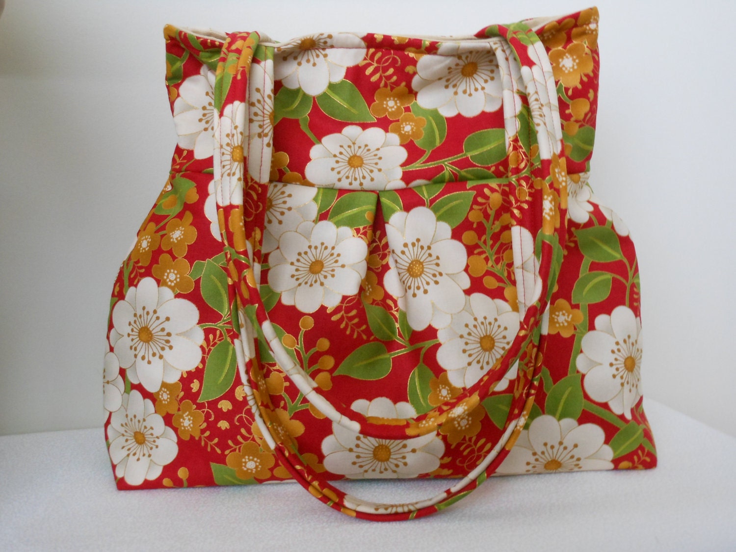 Pleated Lightweight  Hobo Shoulder Everyday Bag -Jubilee Large Floral on Red by Kathy Hall
