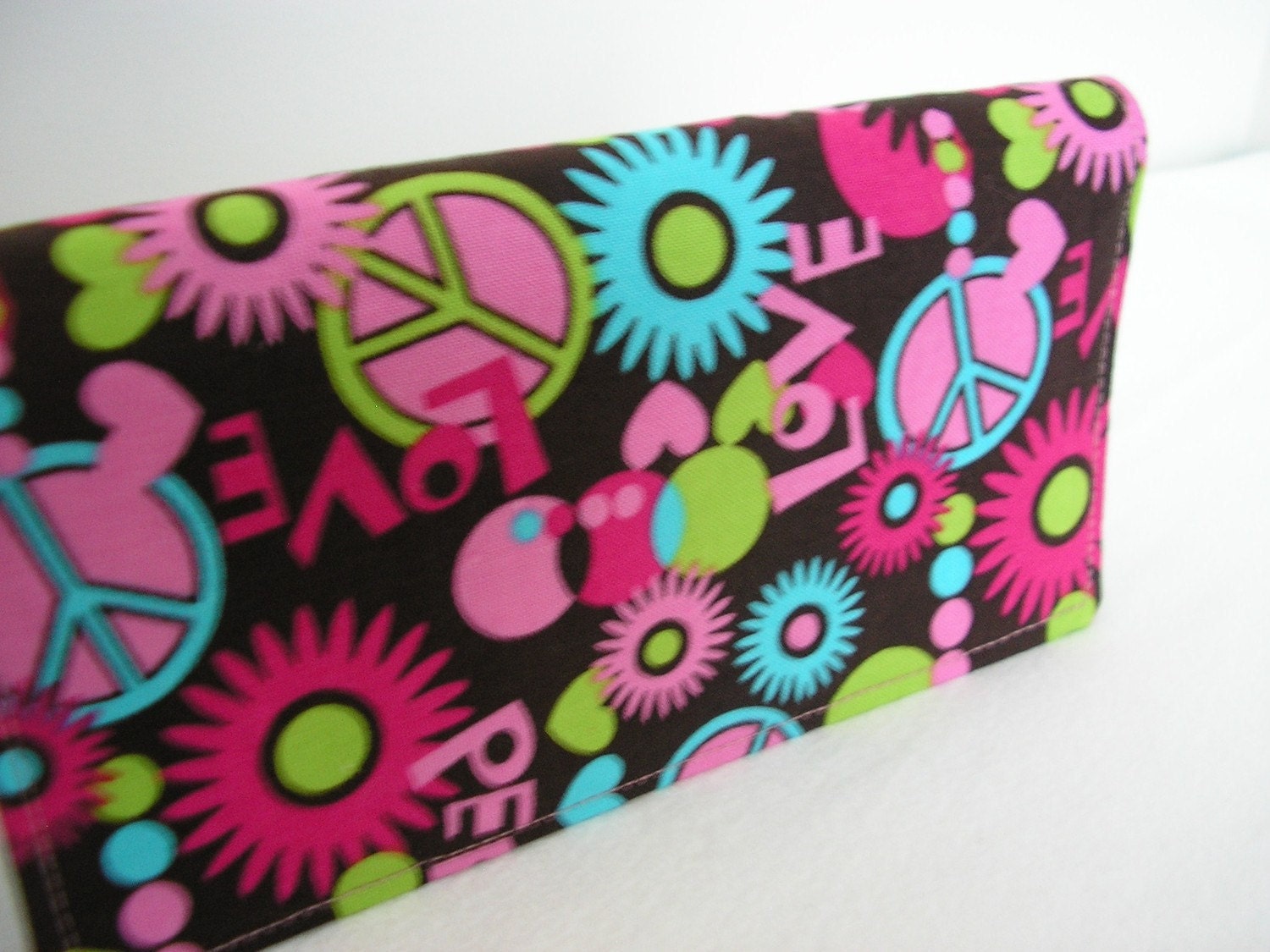 Handmade Fabric Checkbook Cover - Peace Signs On Brown