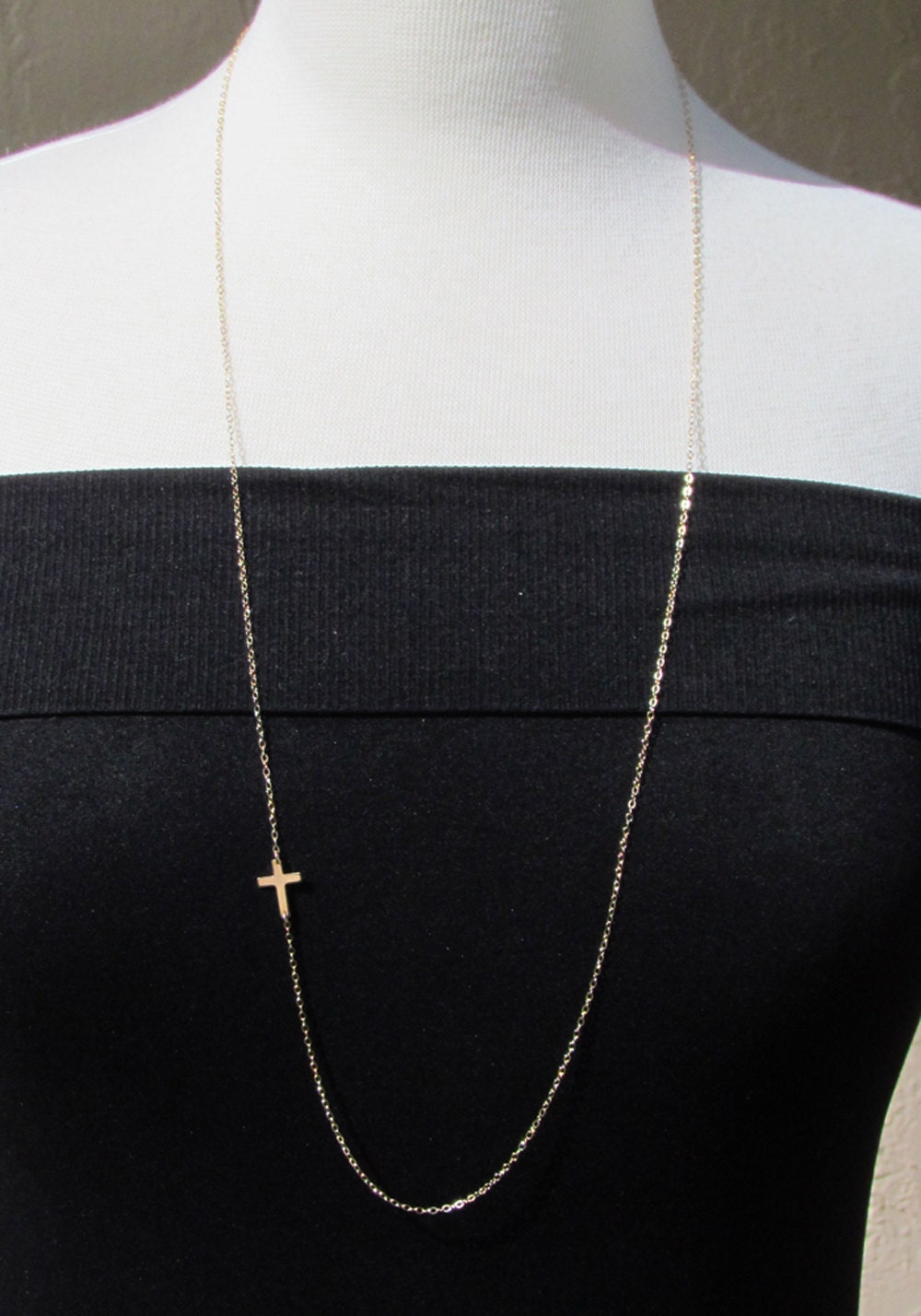 LONG TINY Gold Sideways Cross Necklace--OFF Center, 32" long,  As seen Audrina Patridge - Celebrity Inspired