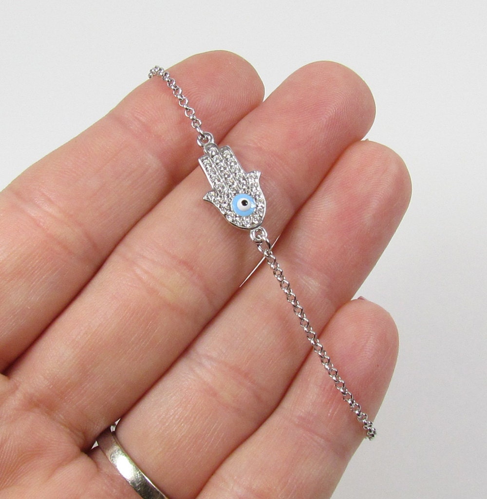 CZ Sideways Hamsa Hand Bracelet STERLING SILVER-- Celebrity Inspired