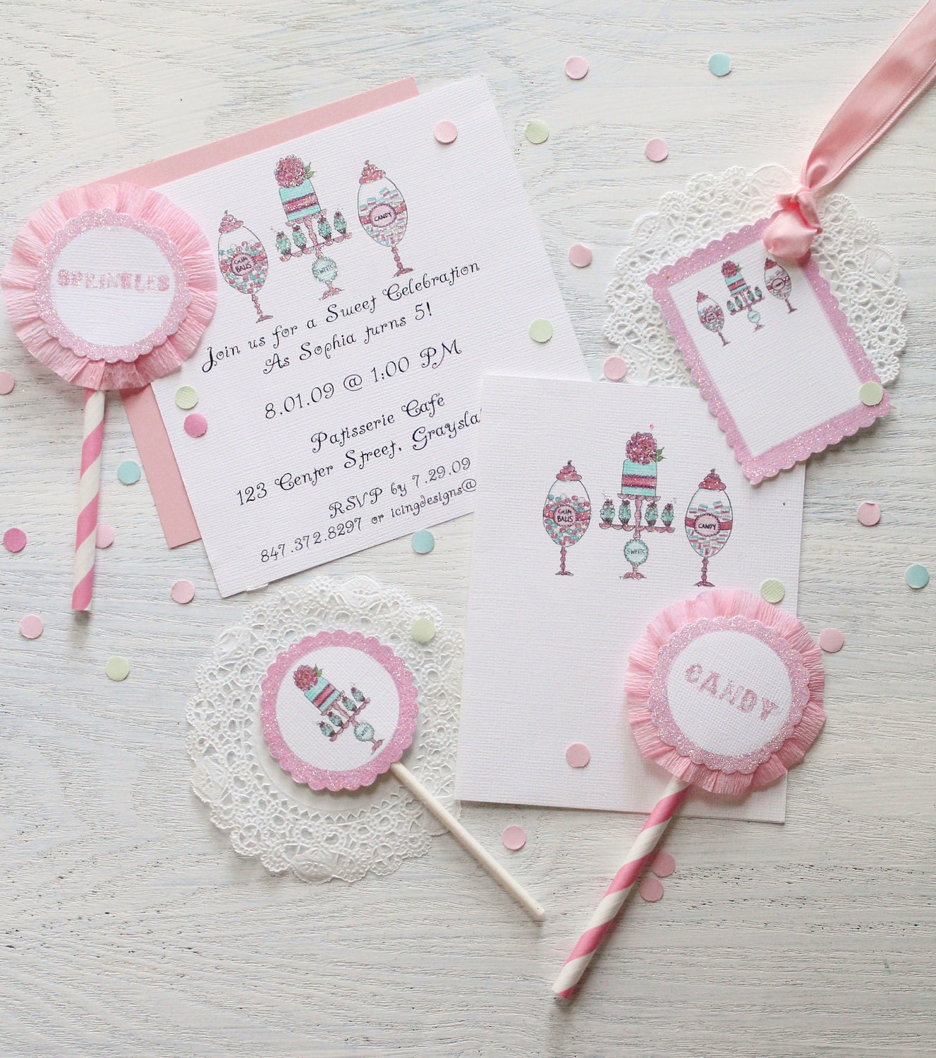 Sweet Shoppe invitations, note cards, cupcake flags, gift tags and letter garlands