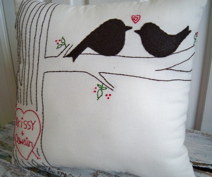 Large Personalized Love Bird Pillow with Faux Bois Stitching
