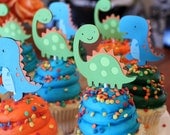 Dinosaur Cupcake Toppers Lime Green Orange and Turquoise Blue Boy Dino Birthday Party Decorations