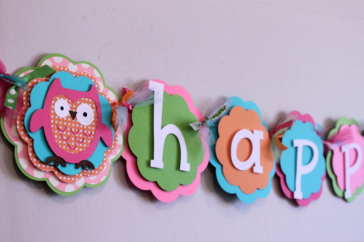 Owl Happy Birthday Banner Pink, Orange, Turquoise, and Green Baby Shower Polka Dot Shabby Chic Party Decorations