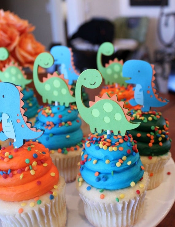 Dinosaur Cupcake Toppers Lime Green Orange and Turquoise Blue Boy Dino Birthday Party Decorations