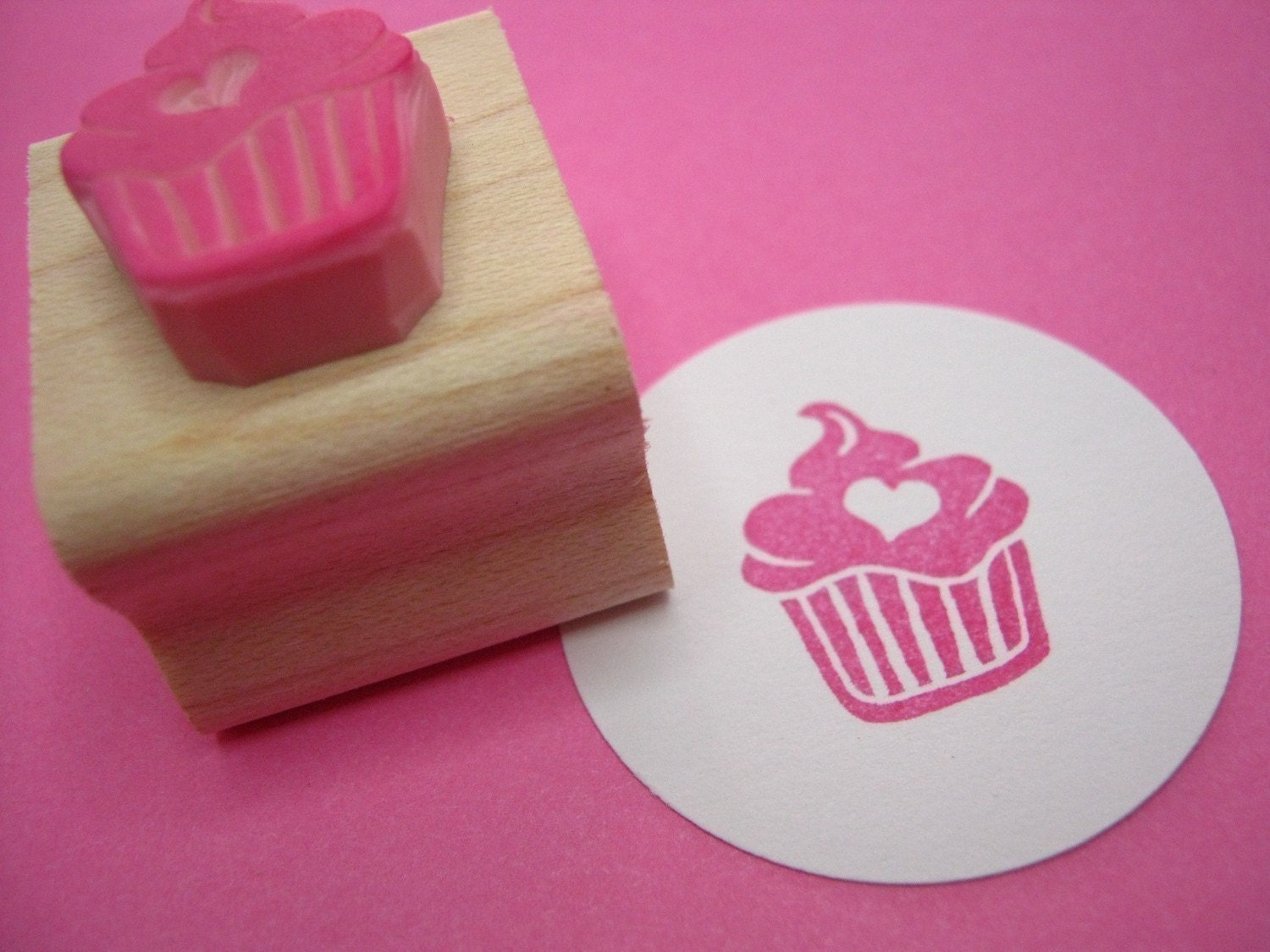 Cupcake Stamp - Iced Cupcake with a Heart - Hand Carved Rubber Stamp