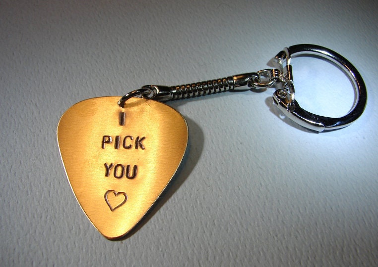 Bronze Guitar Pick Key Chain I Pick You with Love