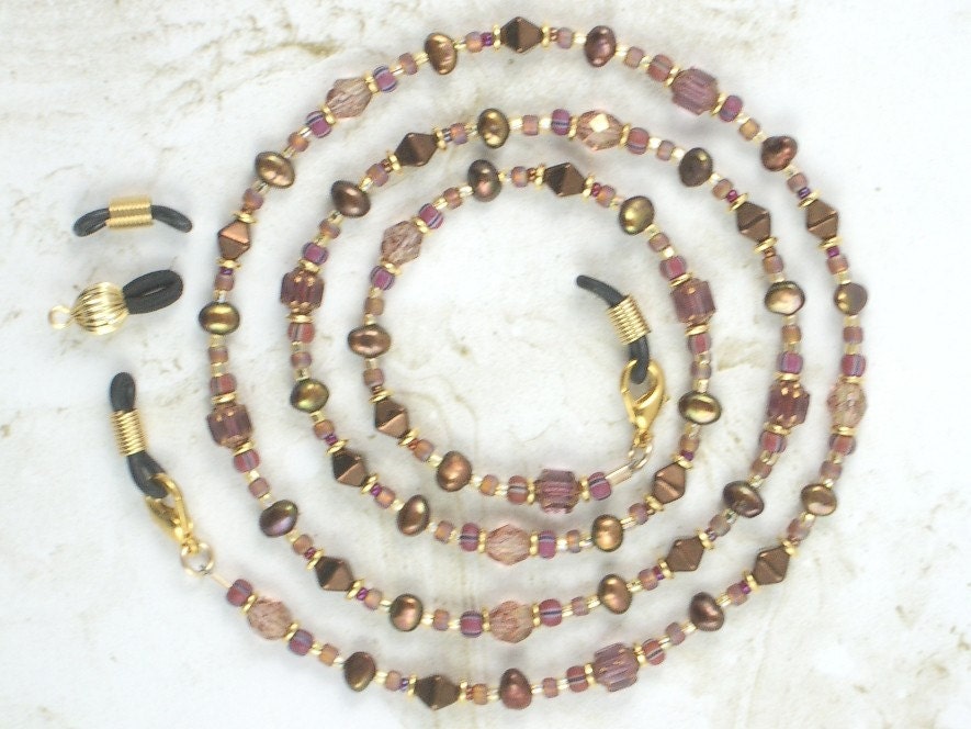 Eyeglass Chain - Desert Sunset with Coppery Browns, Golds, Terracotta, Amber, and Lavender - Extra Ends Included