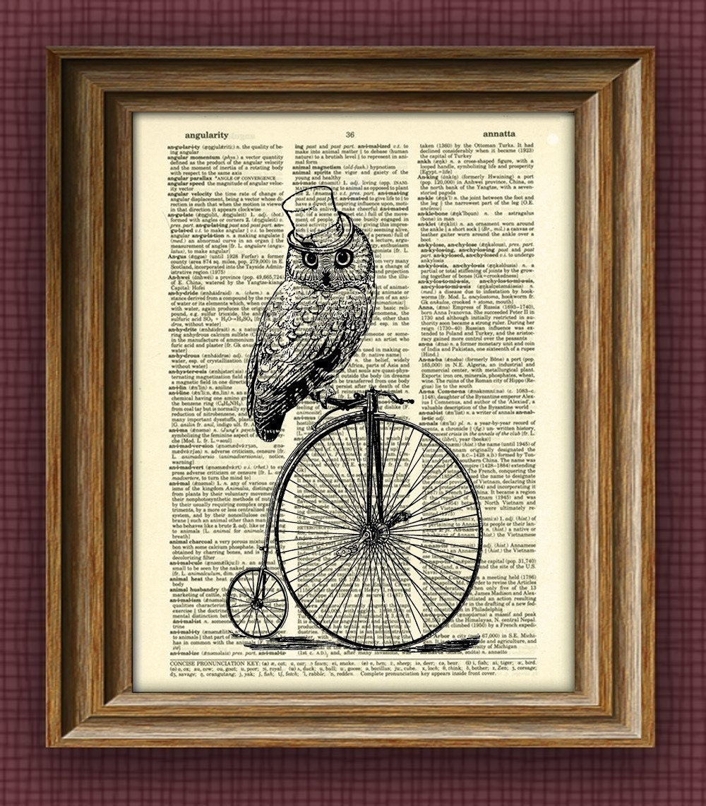 TOP HAT OWL on a Penny Farthing Bicycle bike print over an upcycled vintage dictionary page book art